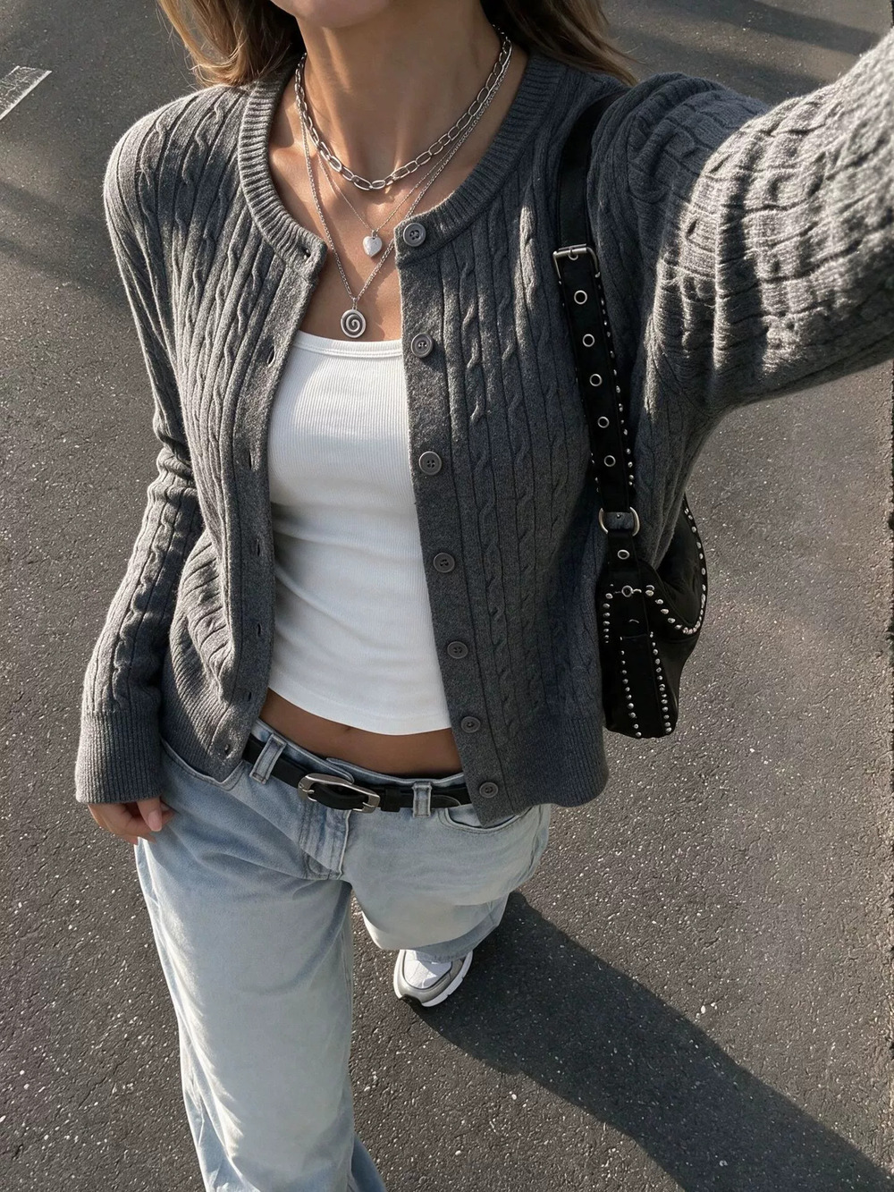 Zara Solid Color Cable Knit Cropped Cardigan Long Sleeve Round Neck